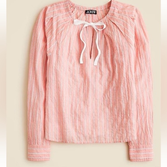 J. Crew Tops - J. Crew Pink and White Striped Tie Neck Top - Small